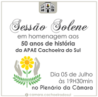 Câmara homenageia 50 anos da APAE com sessão solene.