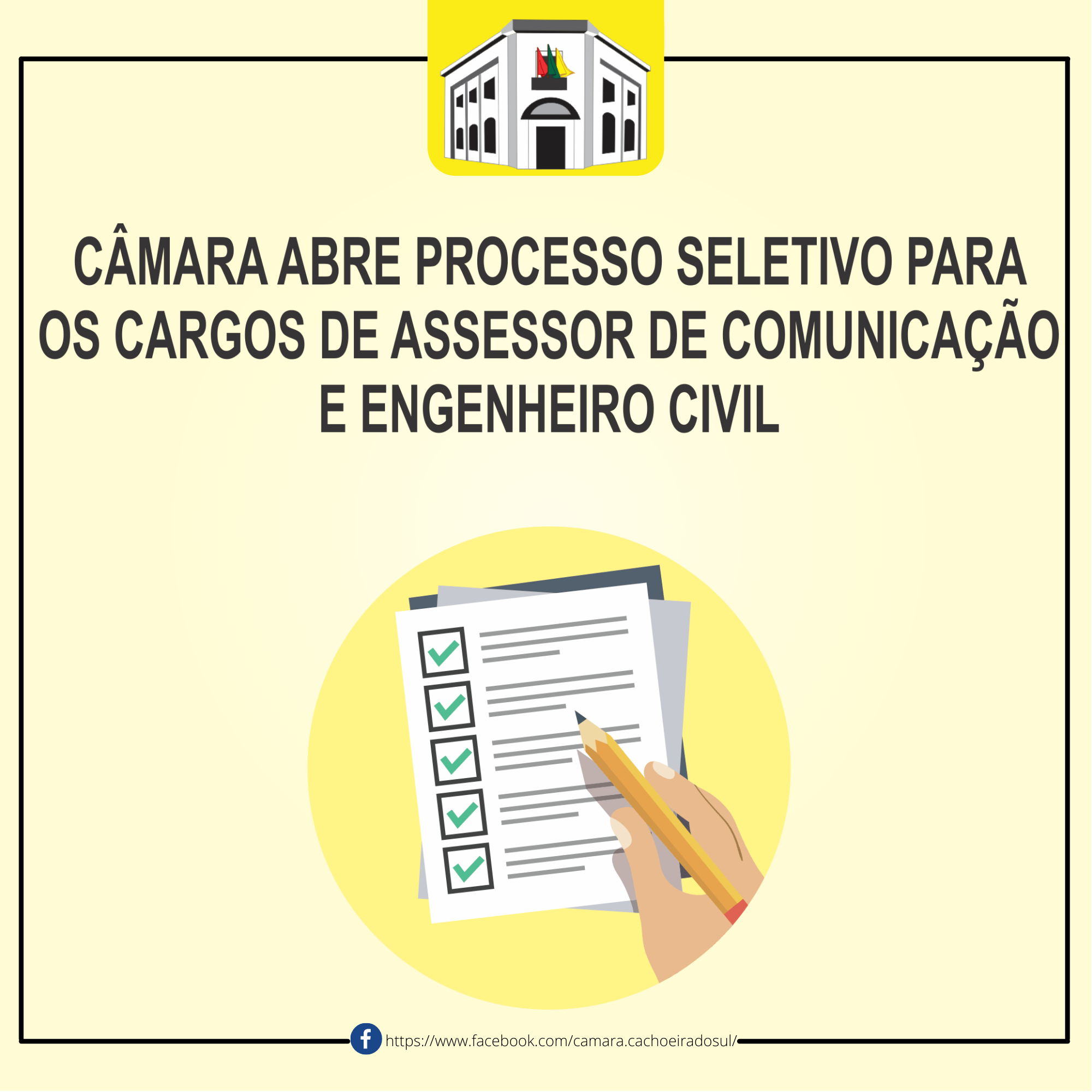 A Câmara de Vereadores lançou nesta sexta- feira, 05 de novembro, Edital nº 01-2021 de contratação temporária para os cargos de Assessor de Comunicação e Engenheiro Civil.