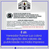 É lei: vereador Itamar Luz cobra divulgação dos valores de publicidade na mídia impressa