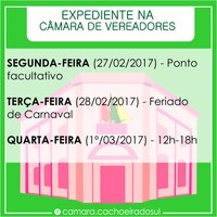 Feriado de Carnaval: Câmara terá ponto facultativo na segunda-feira