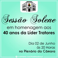 Câmara vai homenagear os 40 anos da Líder Tratores